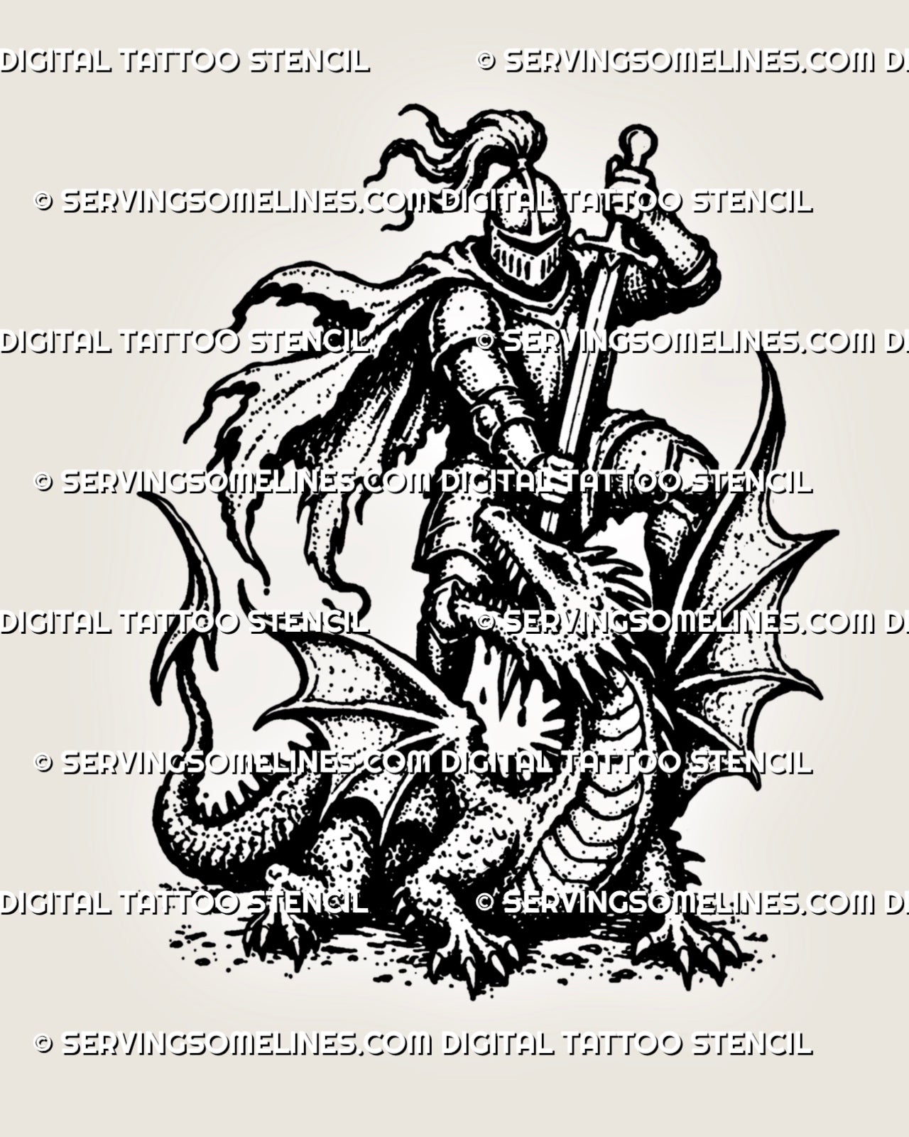 Knight slaying dragon tattoo stencil with armored medieval knight, longsword and full winged dragon