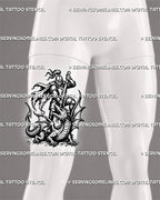 Knight vs dragon thigh tattoo for men featuring a tall medieval battle scene with armored knight and full dragon