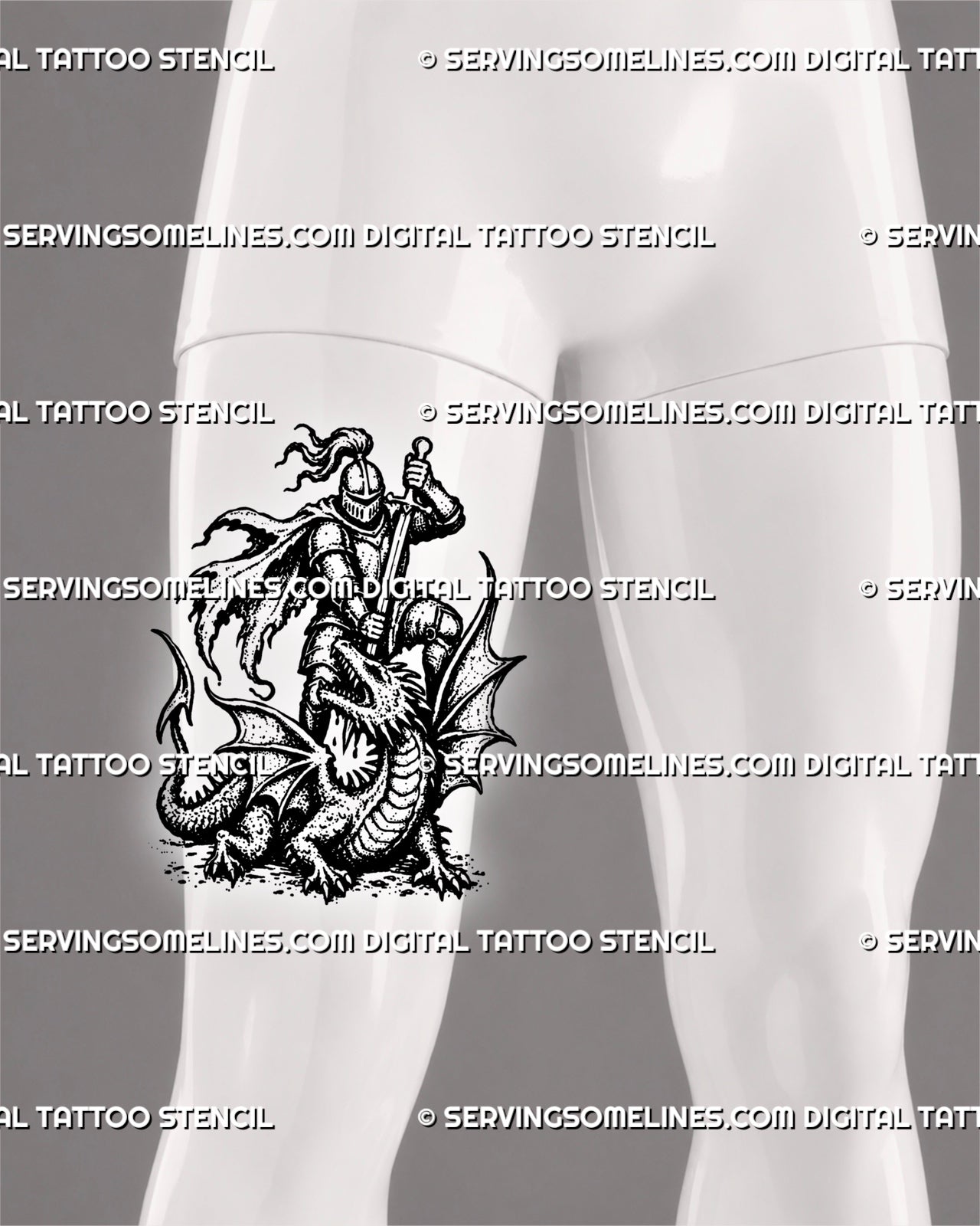 Knight vs dragon thigh tattoo for men featuring a tall medieval battle scene with armored knight and full dragon