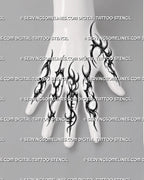 Dark finger and knuckle tattoo stencil preview with neotribal linework, dotted accents, and separate finger placement