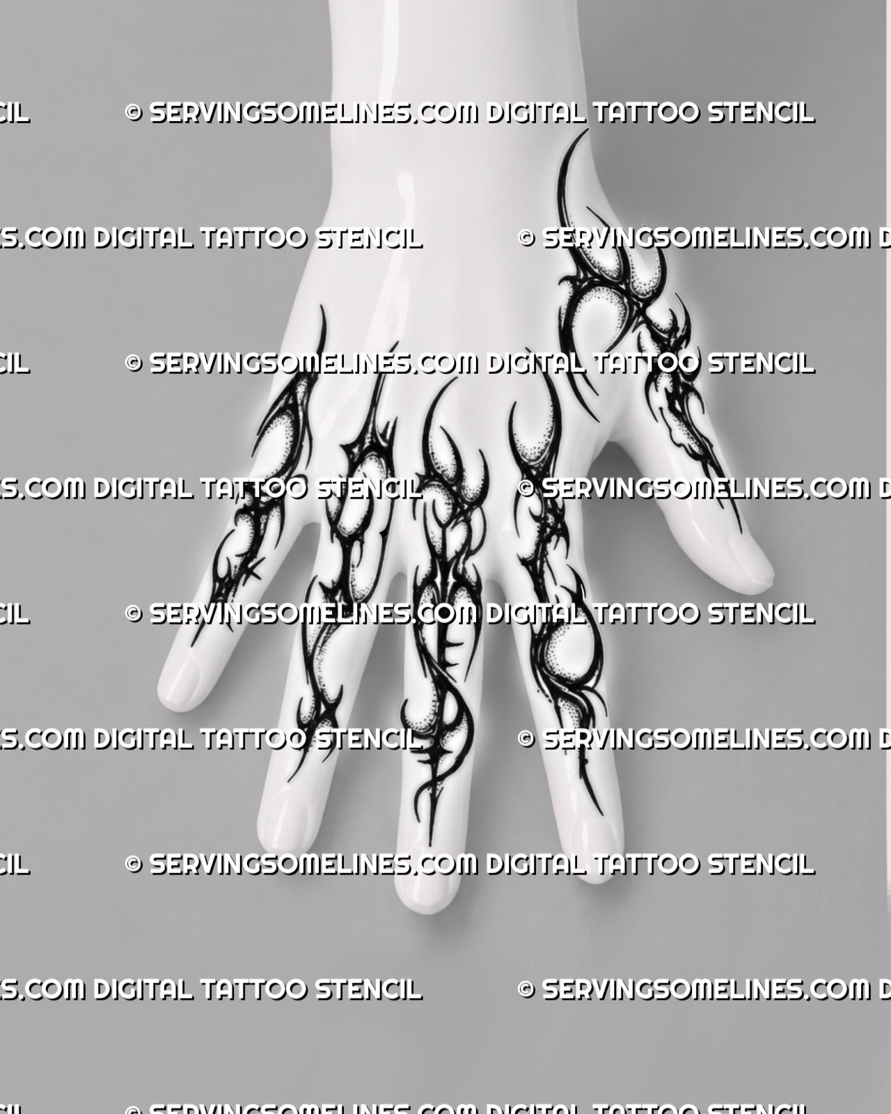 Dark finger and knuckle tattoo stencil preview with neotribal linework, dotted accents, and separate finger placement