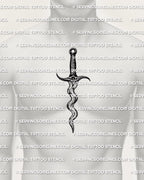 Kris dagger tattoo stencil displayed on men’s chest center placement, vertical wave-blade shape that reads bold and clear.