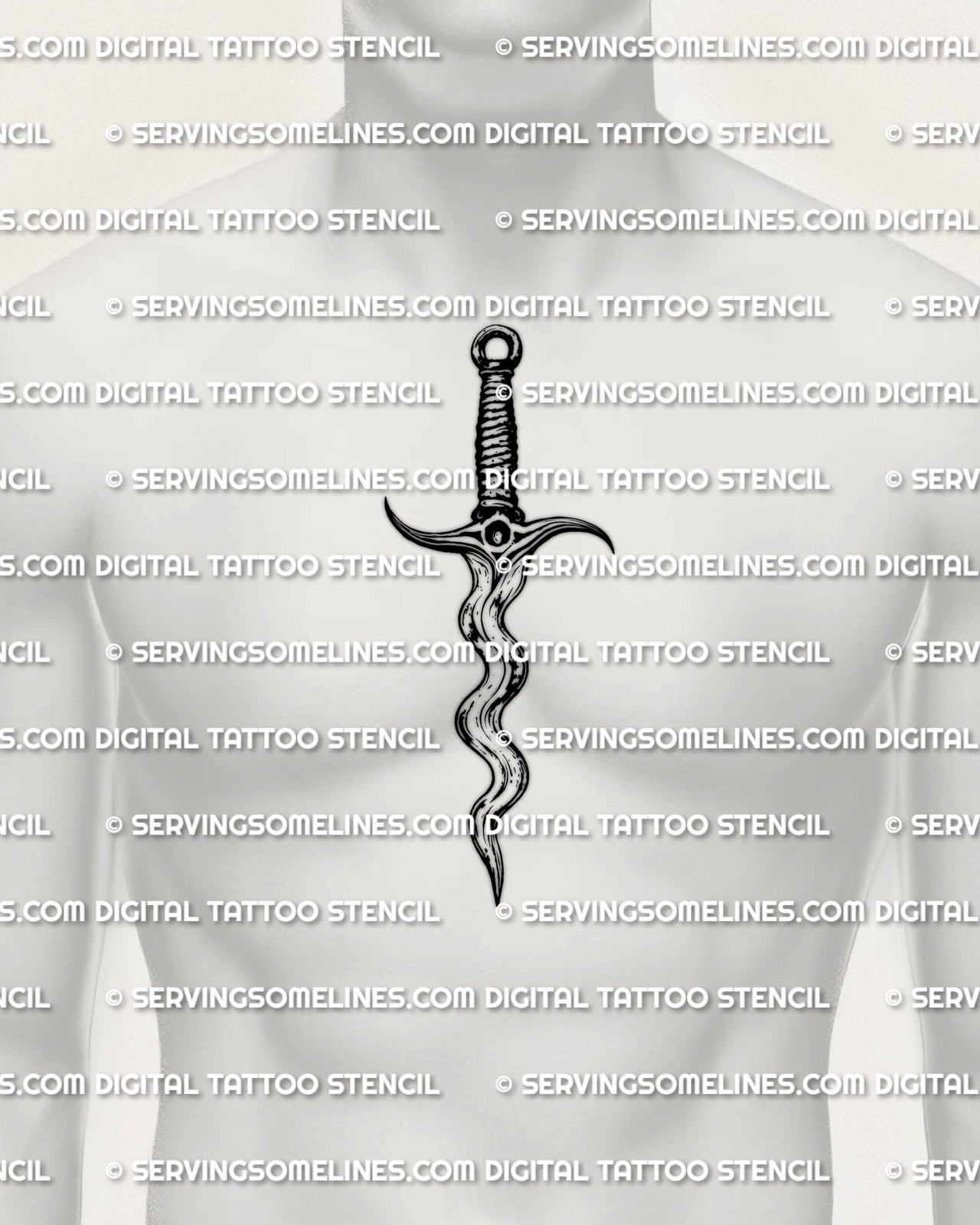 Kris dagger tattoo stencil displayed on men’s chest center placement, vertical wave-blade shape that reads bold and clear.