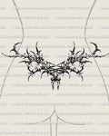 Lace corset lower back tattoo stencil shown on female lower back placement with a lace-up center and spiked gothic framing.