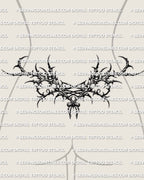 Lace corset lower back tattoo stencil shown on female lower back placement with a lace-up center and spiked gothic framing.