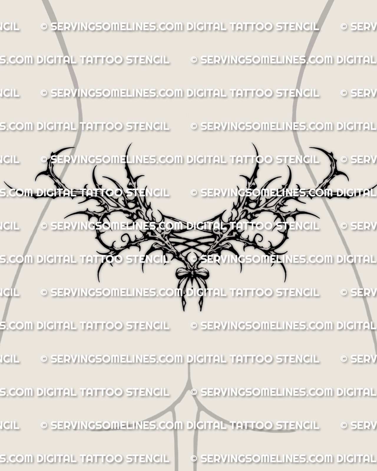 Lace corset lower back tattoo stencil shown on female lower back placement with a lace-up center and spiked gothic framing.