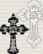 Lace cross stencil download, decorative lace cross tattoo stencil with center detail and trim border, high-res 