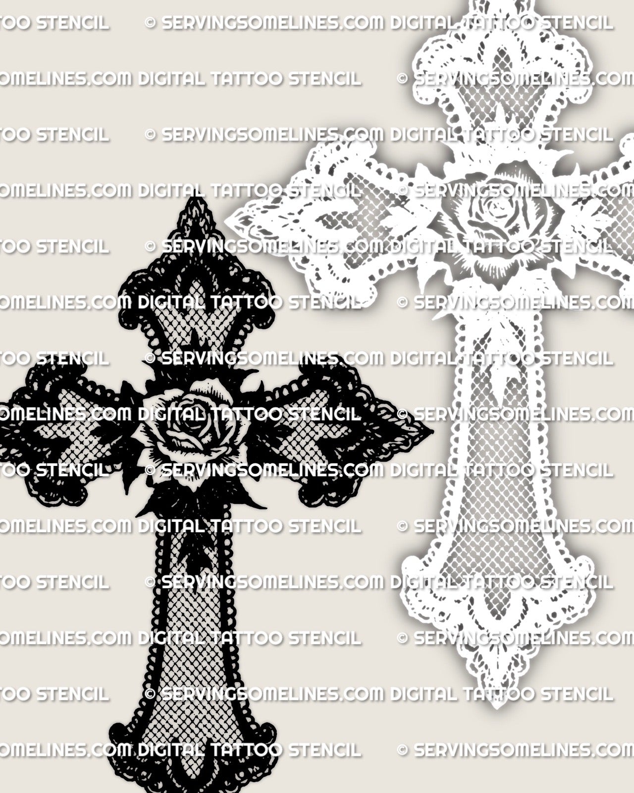 Lace cross stencil download, decorative lace cross tattoo stencil with center detail and trim border, high-res 