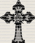 Lace cross tattoo stencil design with scalloped lace edge and mesh fill, decorative cross linework for printing
