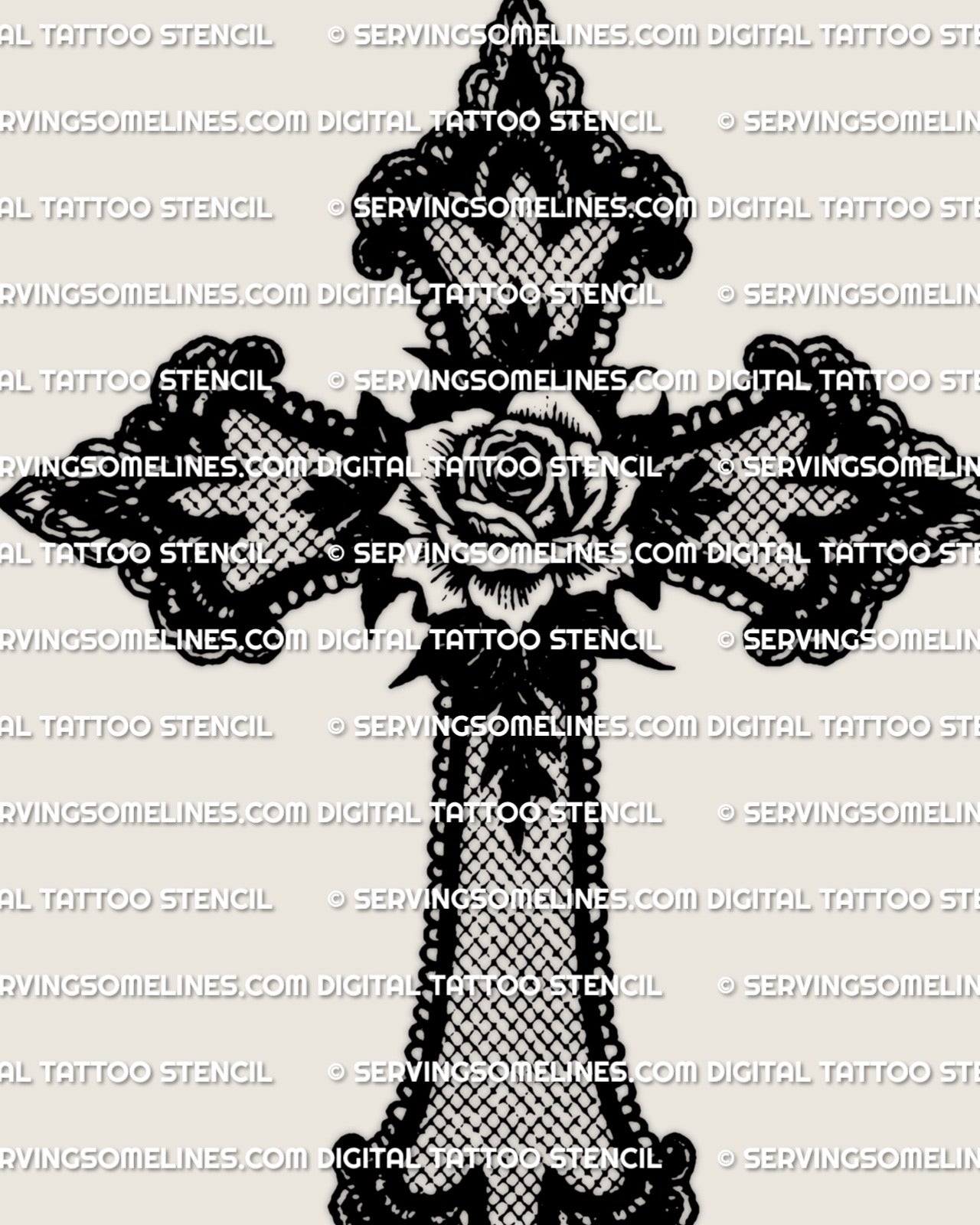 Lace cross tattoo stencil design with scalloped lace edge and mesh fill, decorative cross linework for printing