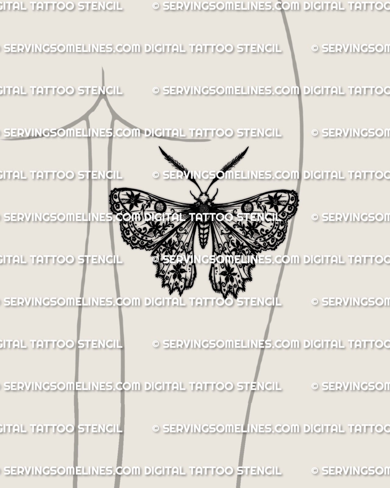 Lace moth tattoo stencil on back of thigh placement, decorative moth wings with lace pattern fill, digital download for stencil printing.