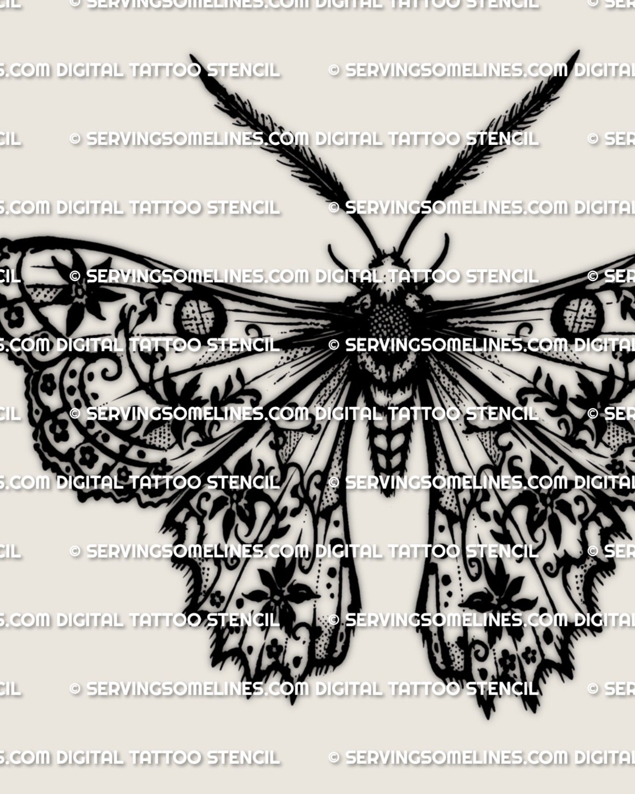 Lace moth tattoo stencil download, ornamental moth with patterned lace wing fill, clean silhouette for stencil printing, PNG JPG PDF files.