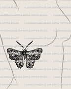 Lace moth tattoo stencil on womens ribs placement, ornate wing moth silhouette with patterned wings, clean transfer ready download.