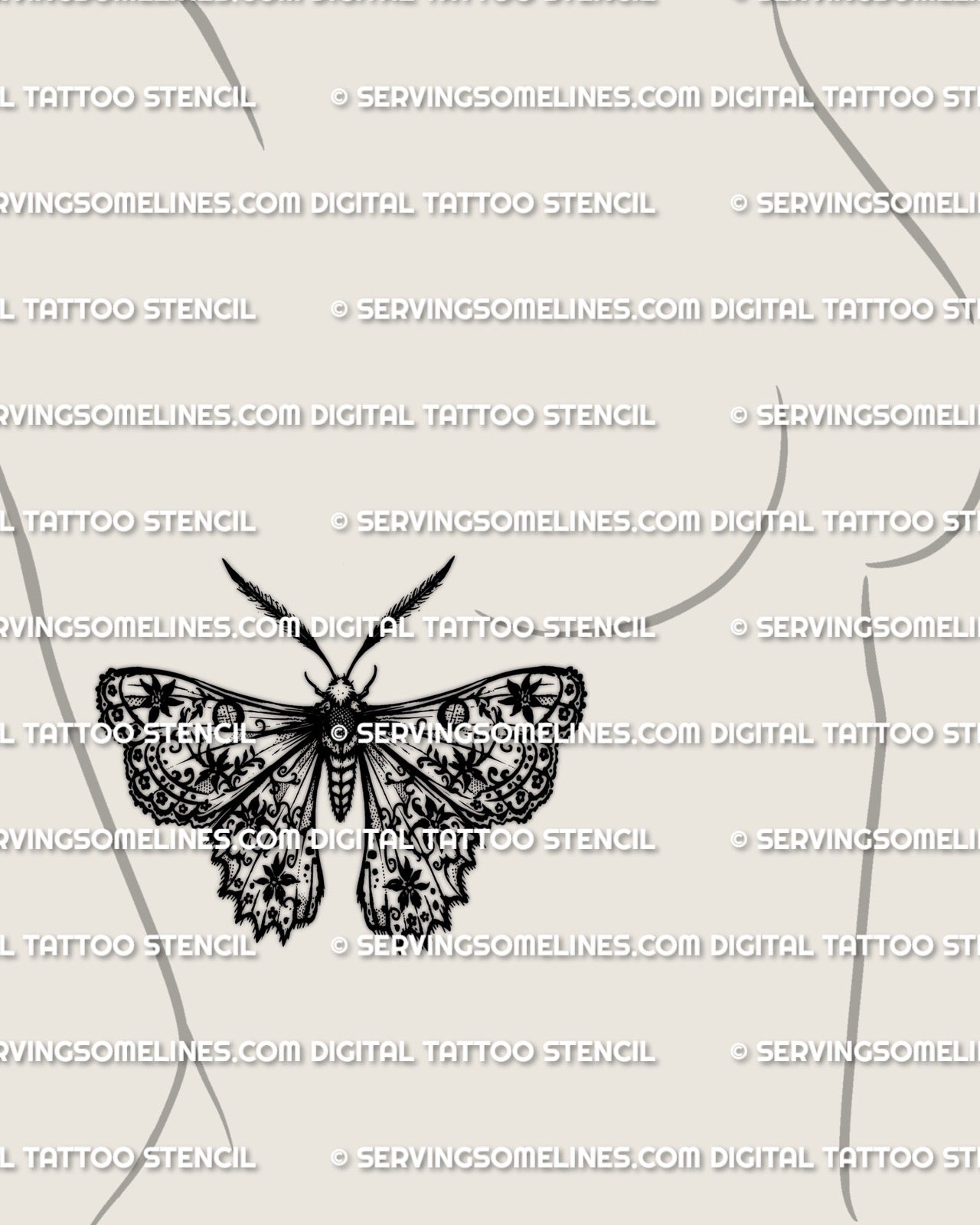 Lace moth tattoo stencil on womens ribs placement, ornate wing moth silhouette with patterned wings, clean transfer ready download.