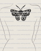 Lace moth tattoo stencil on womens upper back placement, wide wing ornamental moth design, instant download stencil files PNG JPG PDF.
