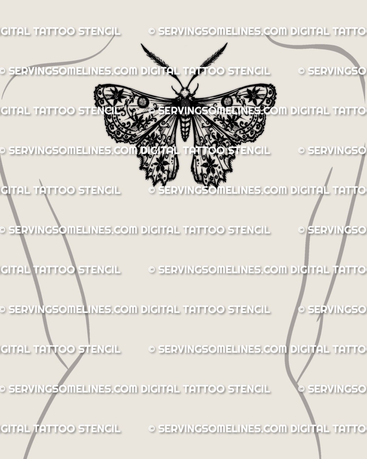 Lace moth tattoo stencil on womens upper back placement, wide wing ornamental moth design, instant download stencil files PNG JPG PDF.