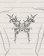 Lace-up wings tattoo stencil shown on women’s upper back placement example, symmetrical fairy wing design with digital stencil files.