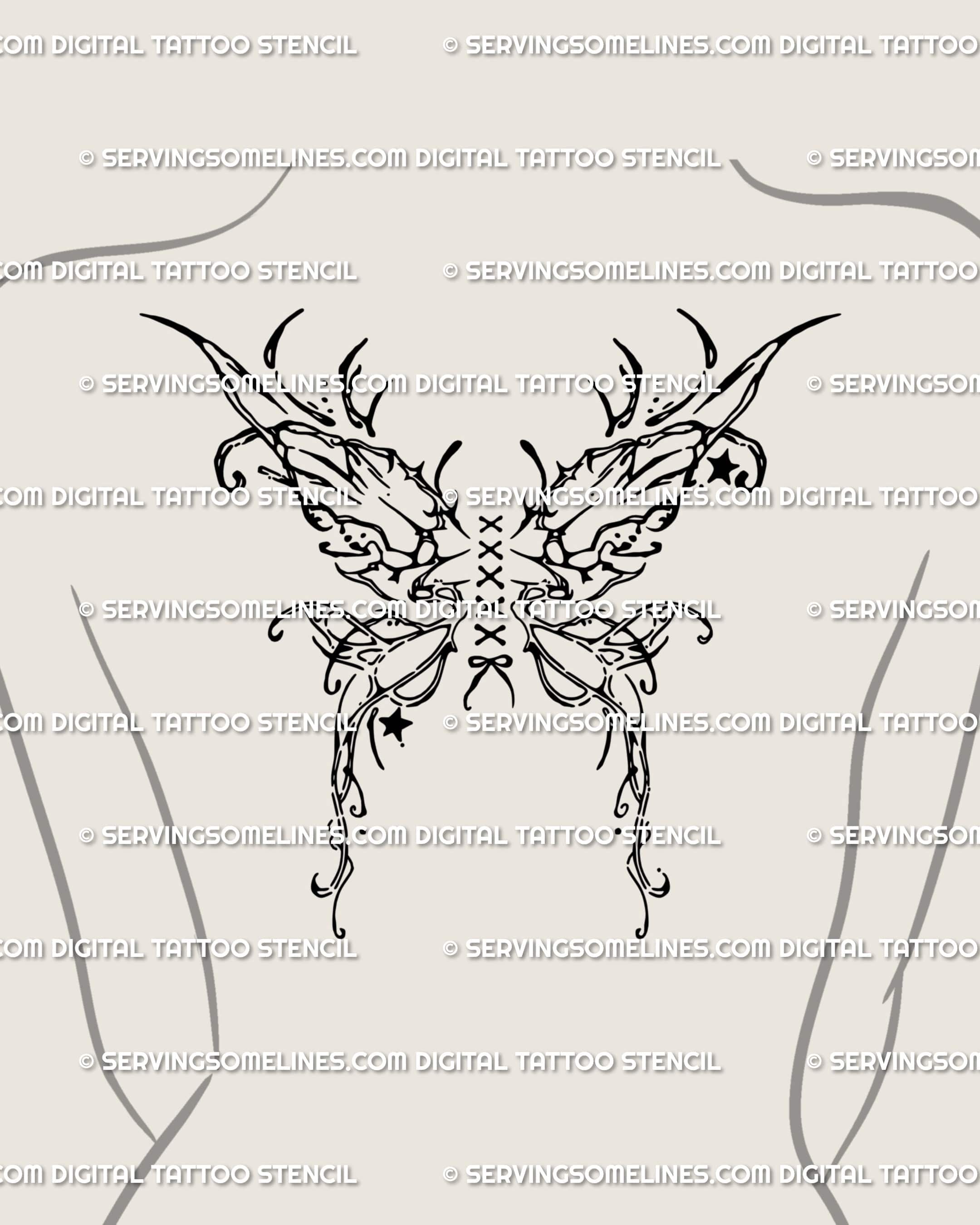 Lace-up wings tattoo stencil shown on women’s upper back placement example, symmetrical fairy wing design with digital stencil files.