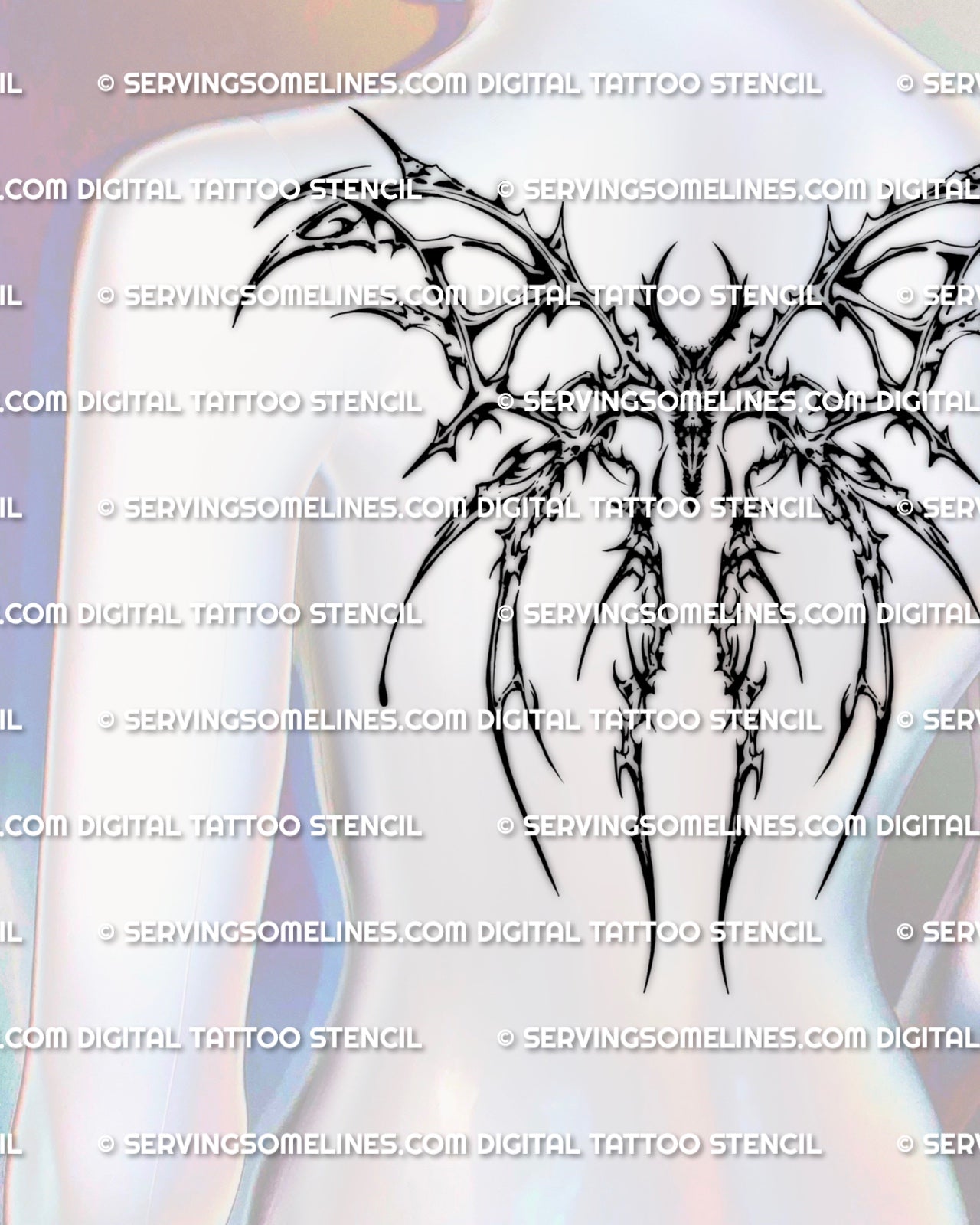 Large cybersigilism moth tattoo stencil design for back placement, high resolution files for stencil transfer