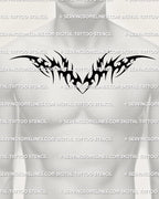 Large neotribal heart chestpiece digital stencil shown across a man’s chest, bold black tribal shapes spreading wide for a strong statement fit