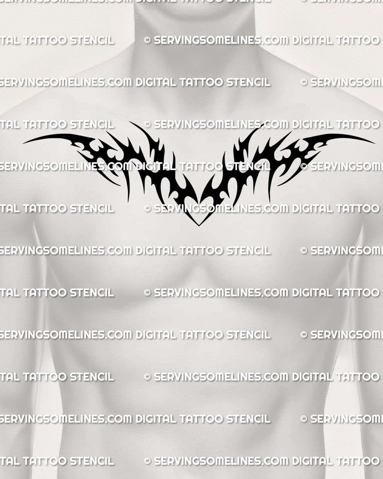 Large neotribal heart chestpiece digital stencil shown across a man’s chest, bold black tribal shapes spreading wide for a strong statement fit