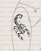 Large scorpion heart tattoo stencil idea for the front thigh, neotribal girly goth design with gothic curves, bold statement tattoo option.