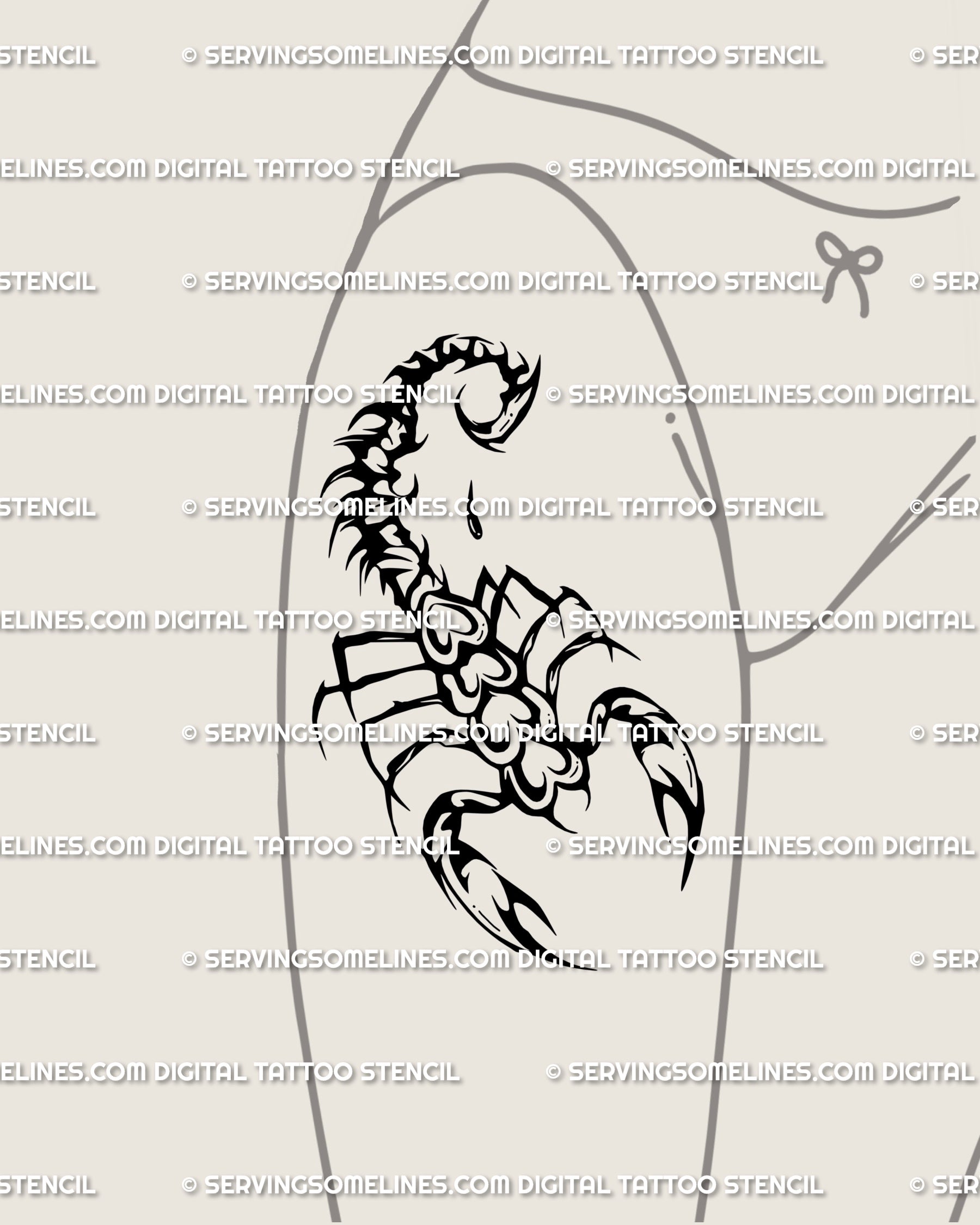 Large scorpion heart tattoo stencil idea for the front thigh, neotribal girly goth design with gothic curves, bold statement tattoo option.