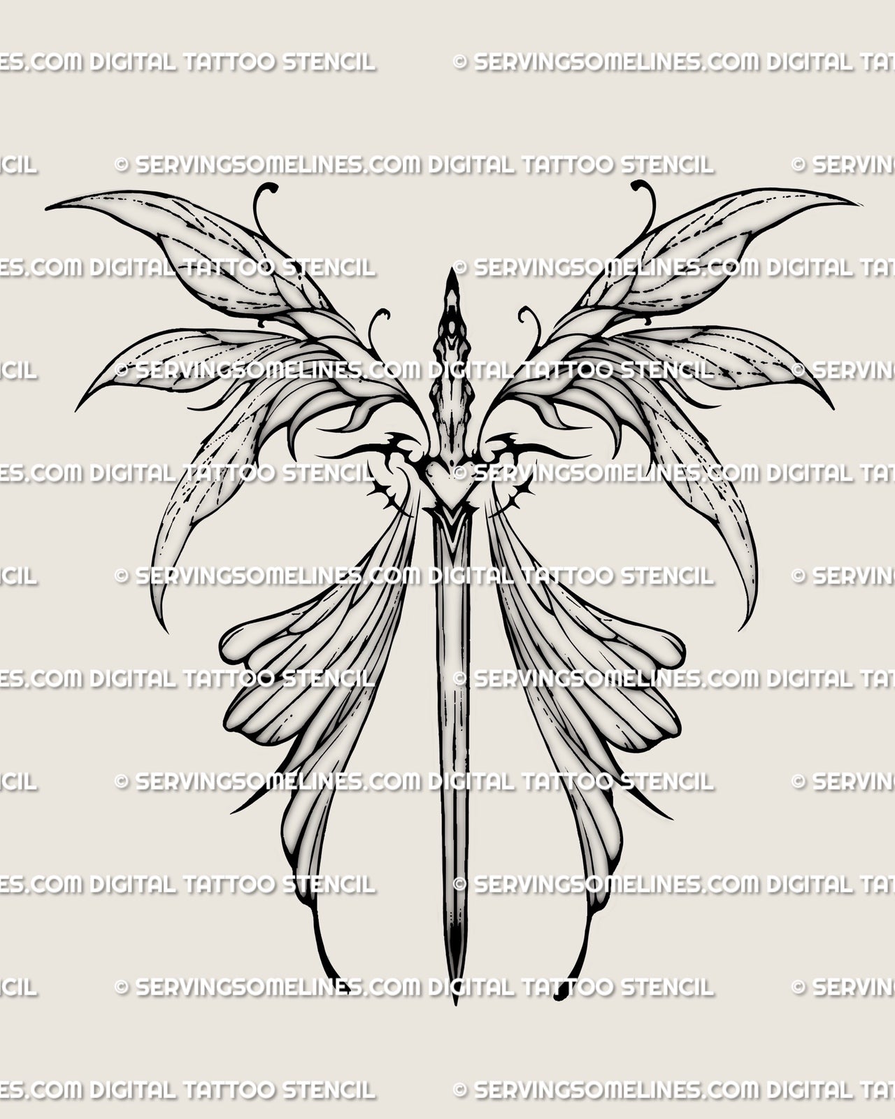 Leaf wing sword tattoo stencil design preview, spine sword tattoo stencil for back spine tattoos for women, printable file.