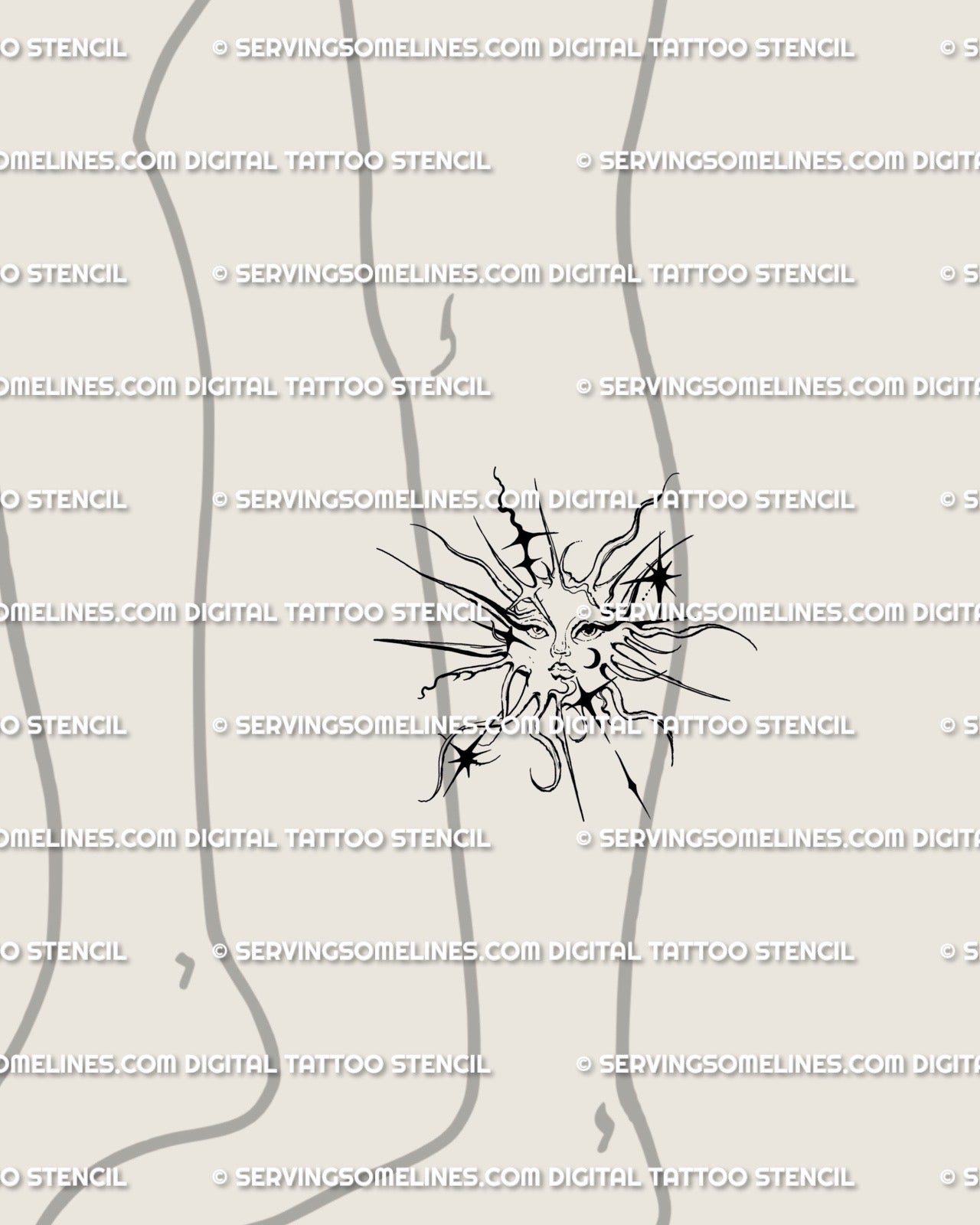 Leg placement sun tattoo in cybersigilism gothic style, tribal spiky rays and solar face linework forming elegant celestial sigil design.