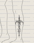 Fantasy dagger tattoo displayed on leg placement, cyber sword stencil with gothic tribal accents and symmetrical blackwork structure.