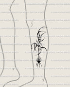 Gothic cyber tribal spider tattoo design shown on leg placement, dark symmetrical web and sigil lines for bold aesthetic.