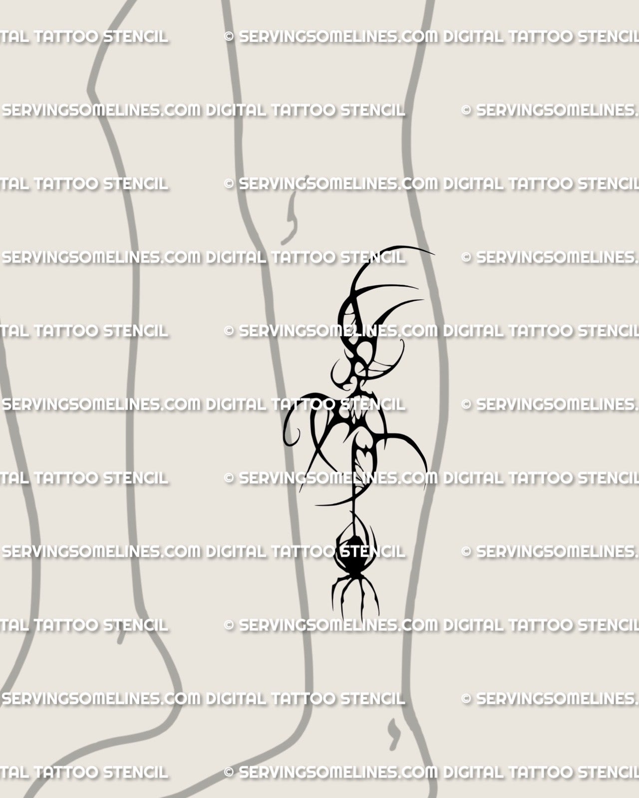 Gothic cyber tribal spider tattoo design shown on leg placement, dark symmetrical web and sigil lines for bold aesthetic.