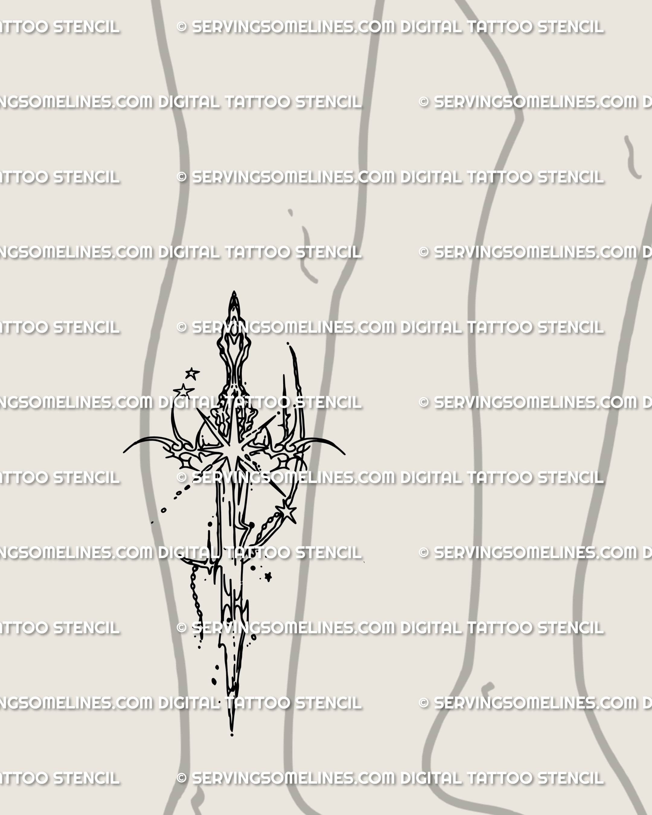 Cybercore sword tattoo placed on lower leg, gothic cybersigilism blade with celestial star motifs and spiky tribal stencil built for symmetry.