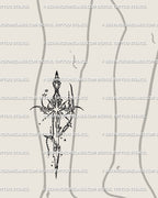 Cybercore sword tattoo placed on lower side leg, gothic cybersigilism blade with celestial star motifs, spiky tribal tattoo stencil built for symmetry.