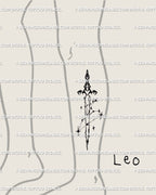 Leo constellation sword tattoo placed on leg, celestial blackwork design with star pattern and cyber-tribal ornamental blade style lines.