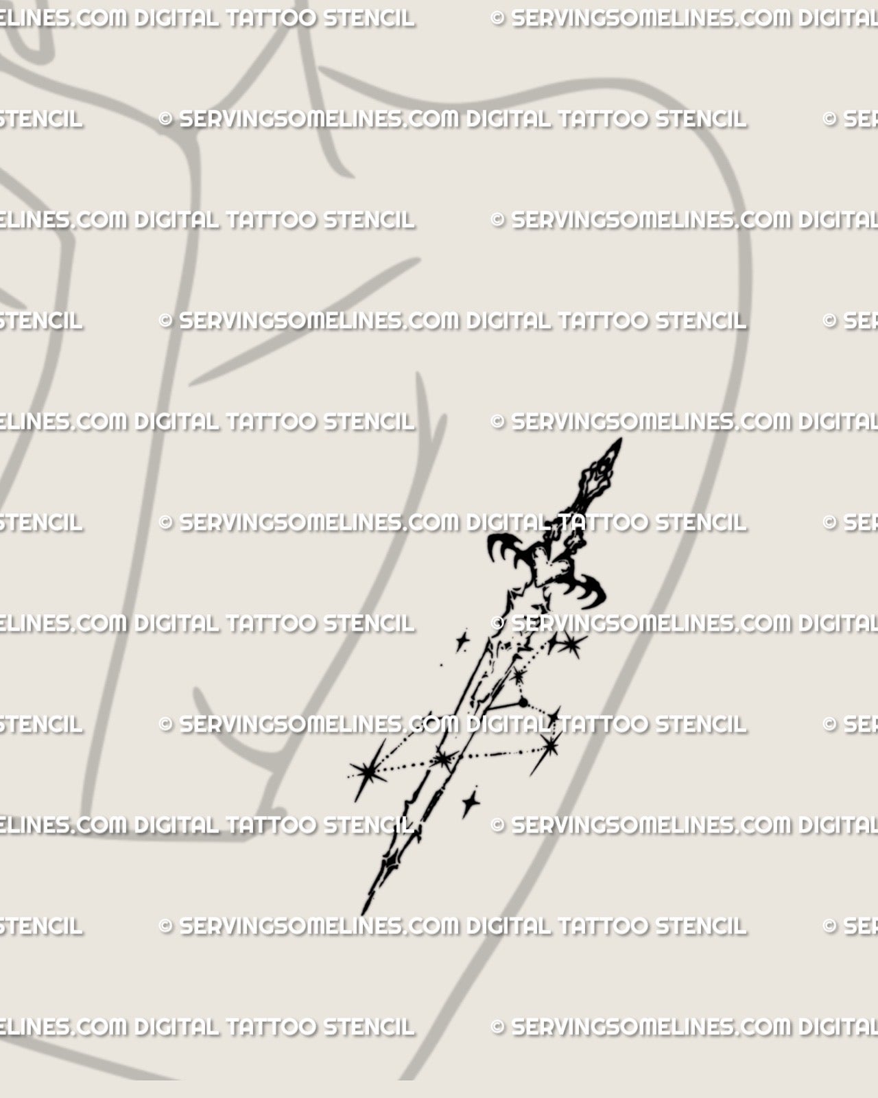 Leo constellation sword tattoo on woman’s arm placement, cyber-tribal zodiac design with celestial star cluster and sharp ornamental flow.