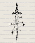 Leo constellation sword tattoo stencil in cyber-tribal linework with zodiac text shown below design, celestial blackwork digital tattoo art.