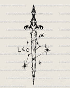 Leo constellation sword tattoo stencil in cyber-tribal linework with zodiac text shown below design, celestial blackwork digital tattoo art.