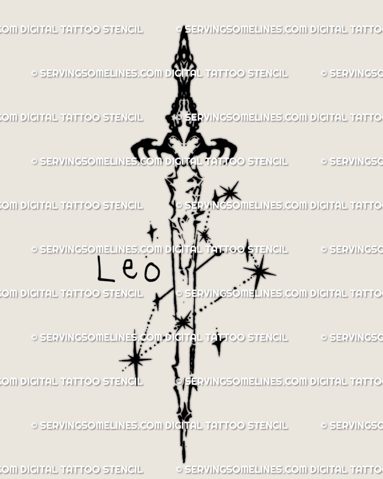 Leo constellation sword tattoo stencil in cyber-tribal linework with zodiac text shown below design, celestial blackwork digital tattoo art.
