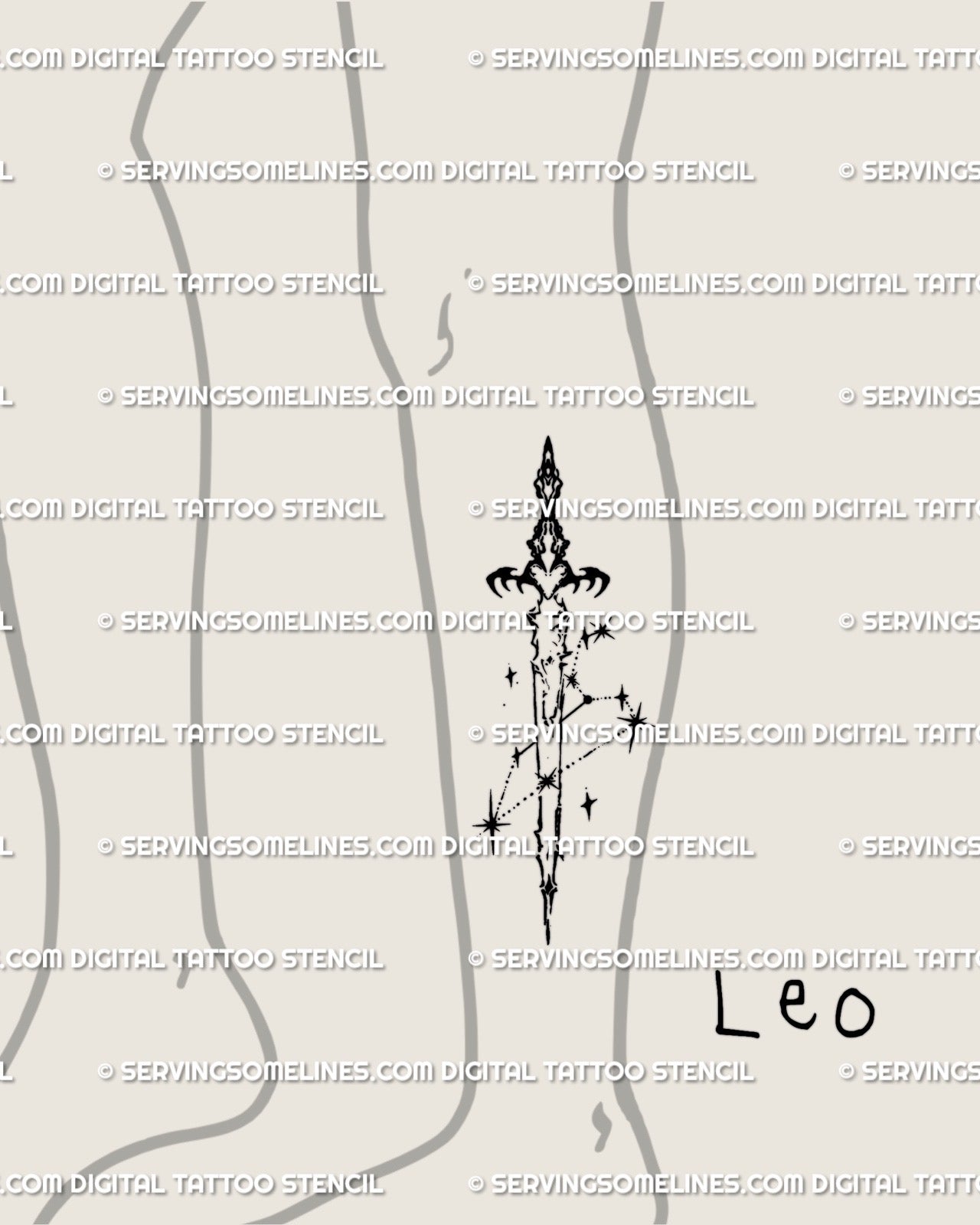 Leo sword tattoo stencil displayed on calf placement example, vertical linework sword that stays readable when scaled
