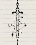 Leo sword tattoo stencil design with horned guard and star accents, vertical linework sword shown as centered design