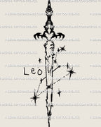 Leo sword tattoo stencil design with horned guard and star accents, vertical linework sword shown as centered design