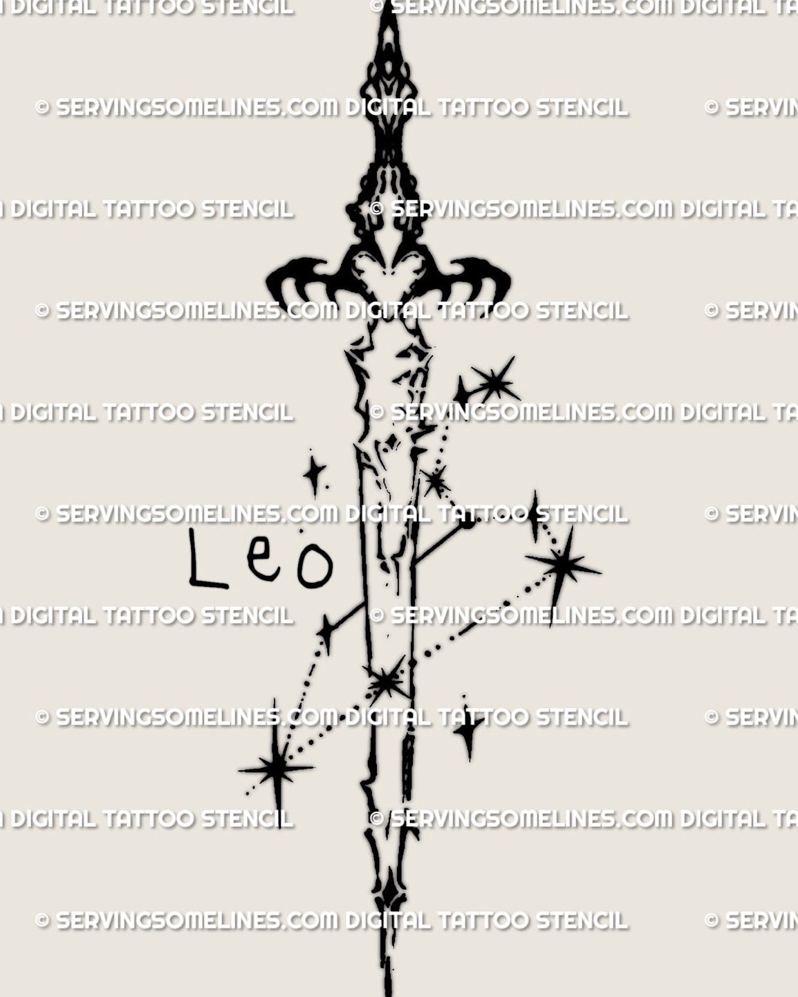 Leo sword tattoo stencil design with horned guard and star accents, vertical linework sword shown as centered design