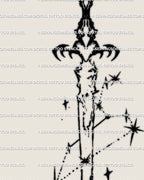 Leo sword tattoo stencil in cybersigilism art style, blackwork zodiac constellation design showing ornamental details and heart symmetry.