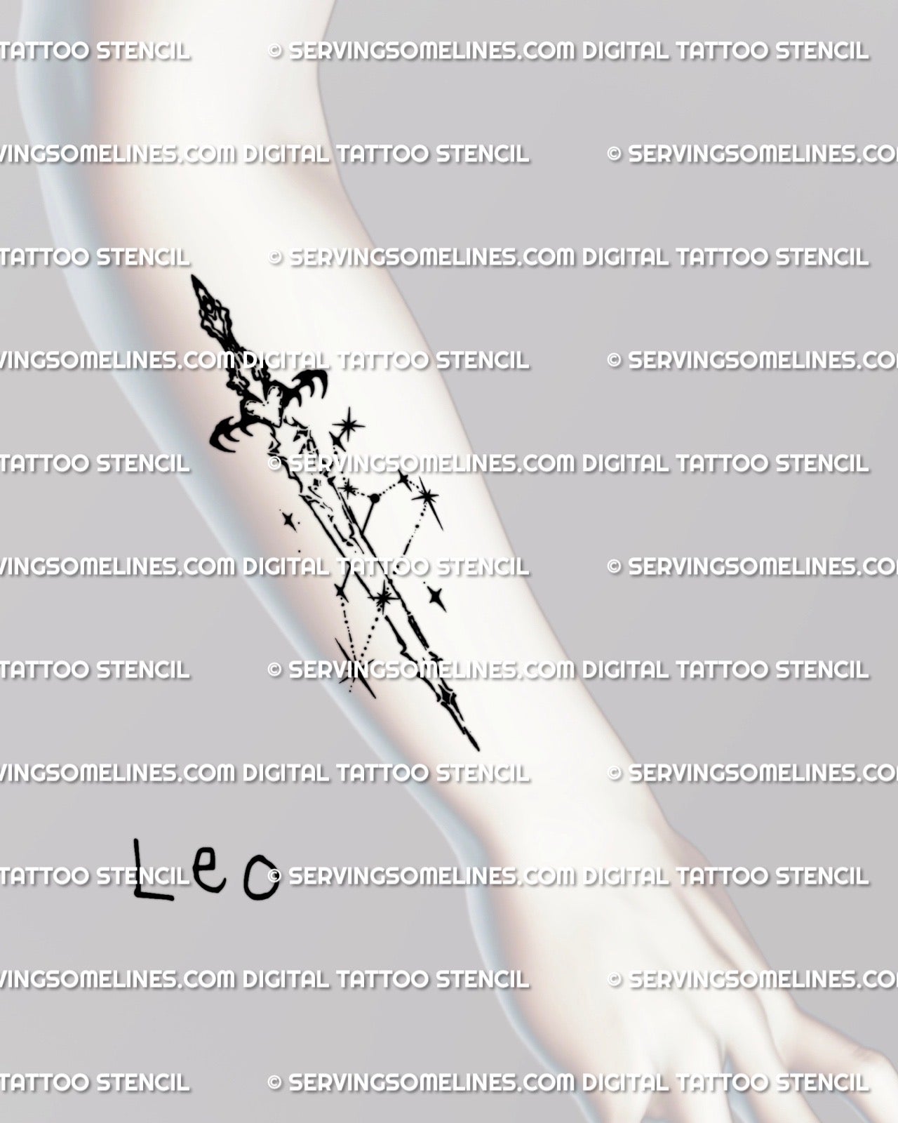 Leo zodiac sword tattoo displayed on forearm placement, cyber-tribal constellation design with star cluster details and fine black linework.