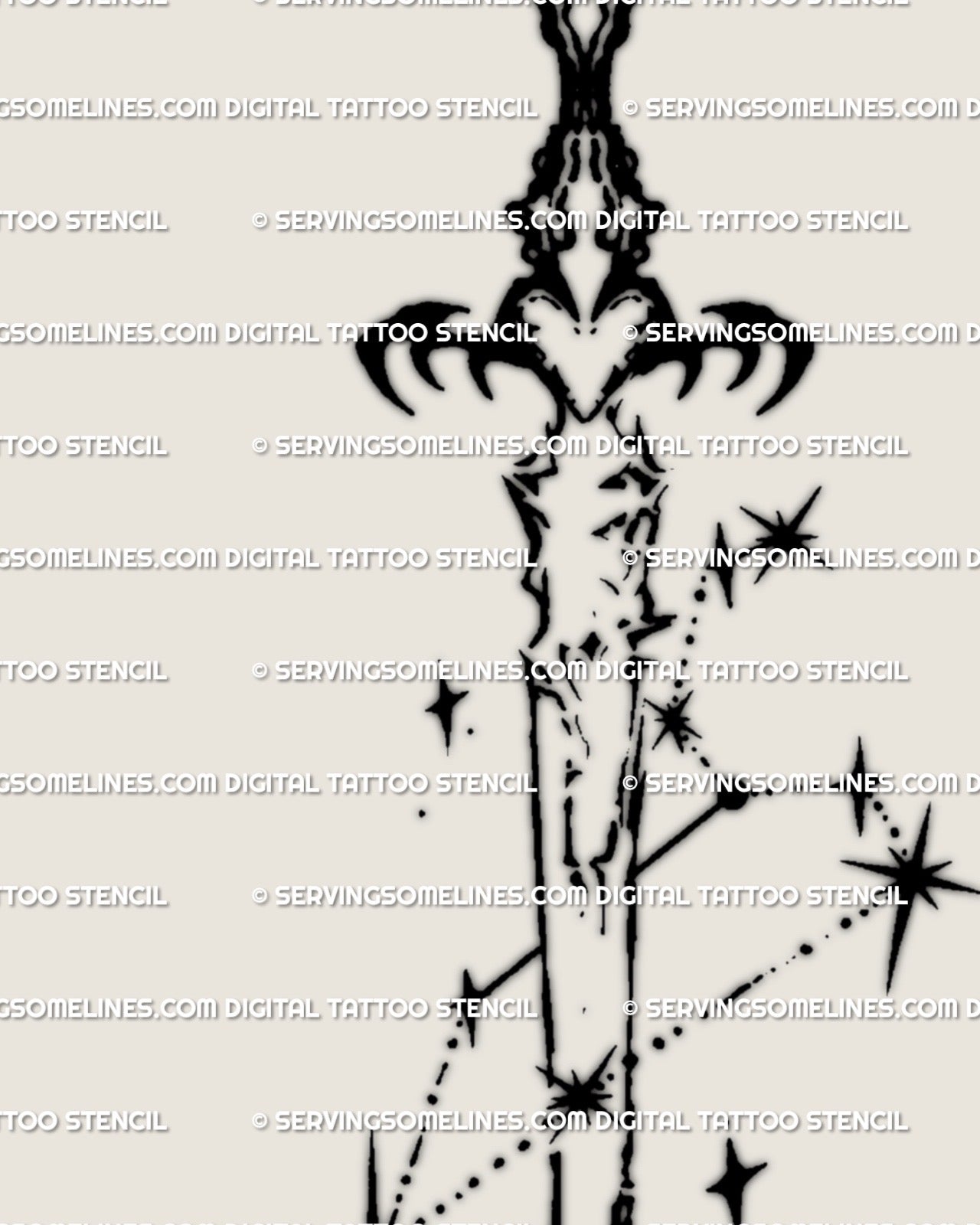 Close view of leo sword tattoo stencil showing horned crossguard and clean linework, dark zodiac sword detail