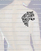 Mens shoulder placement example, leopard face tattoo stencil download, rosette spot detail with drip trail, ready to print PNG JPG PDF