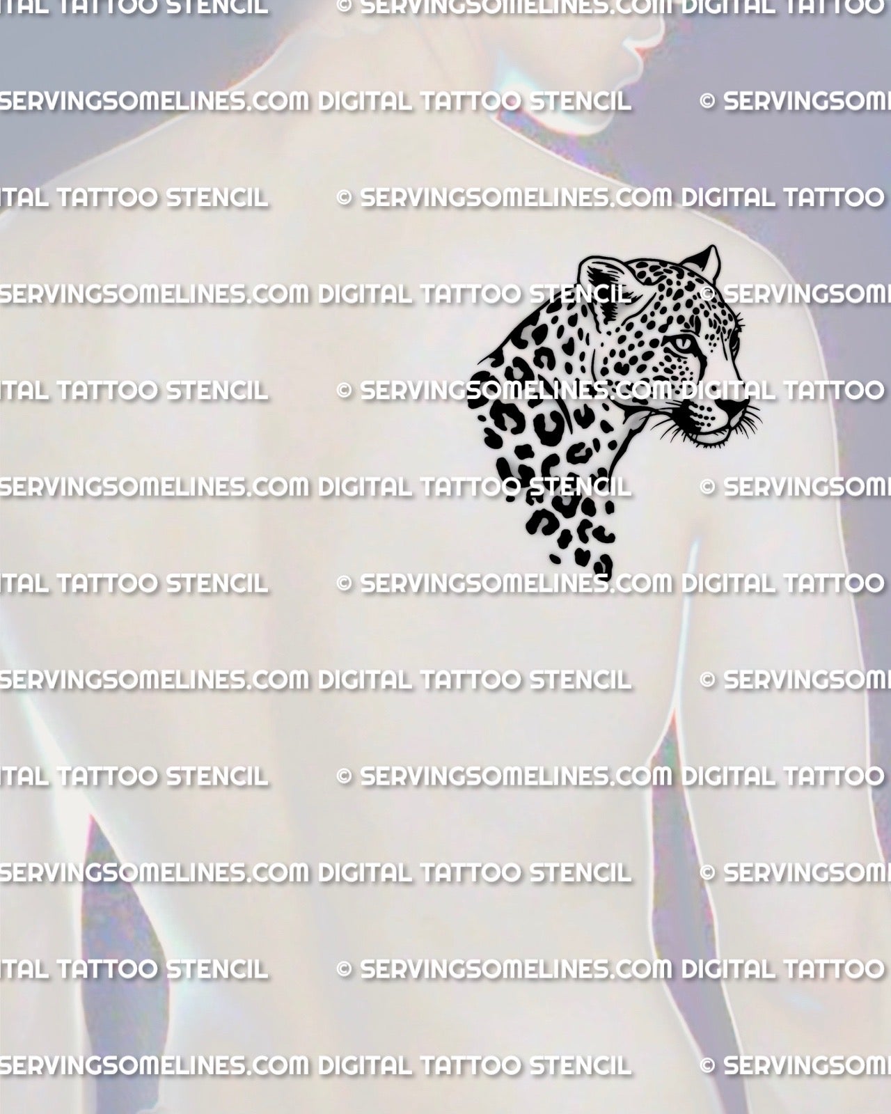 Mens shoulder placement example, leopard face tattoo stencil download, rosette spot detail with drip trail, ready to print PNG JPG PDF