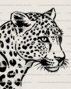 Closeup detail of leopard head tattoo stencil, crisp rosette spots and drip trail edges, high resolution printable stencil files PNG JPG PDF