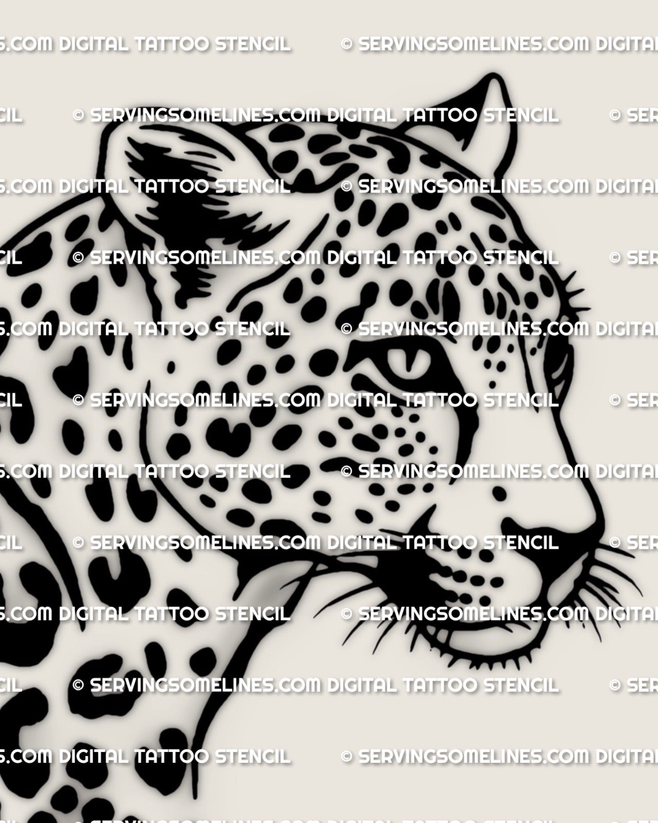 Closeup detail of leopard head tattoo stencil, crisp rosette spots and drip trail edges, high resolution printable stencil files PNG JPG PDF